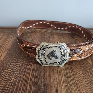 Vtg Brown Leather Western Belt W/Brass Horse Buckle 36.5"Lx1.5W"